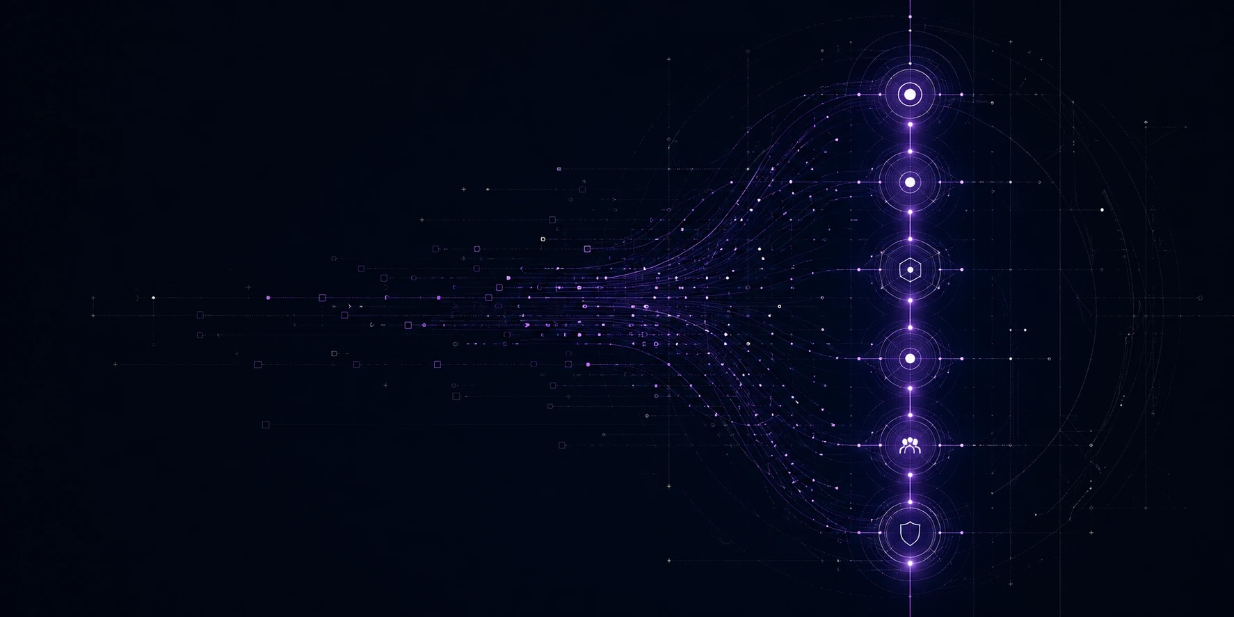 Abstract investigative data visualization with purple evidence nodes and a vertical correlation spine
