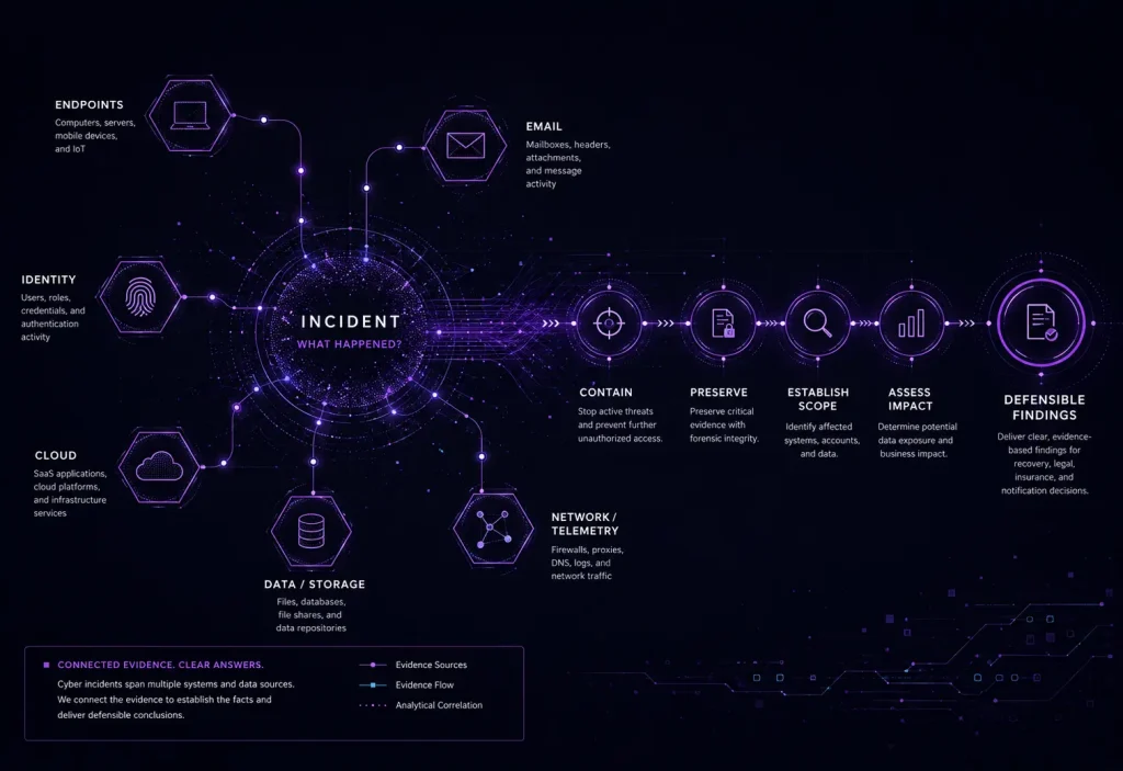 Incident response evidence map connecting endpoints, identity, email, cloud, storage, and network telemetry to containment, evidence preservation, scope determination, impact assessment, and defensible findings.