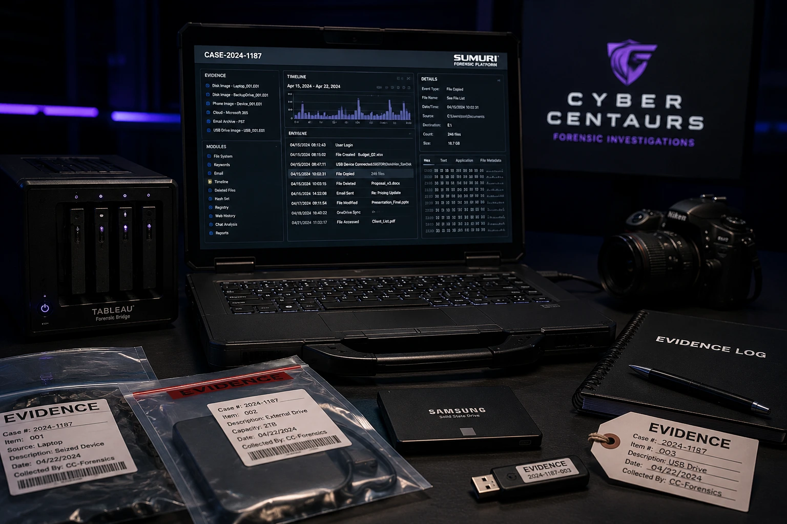 Computer forensic examination workstation with digital evidence, forensic acquisition hardware, and storage media.